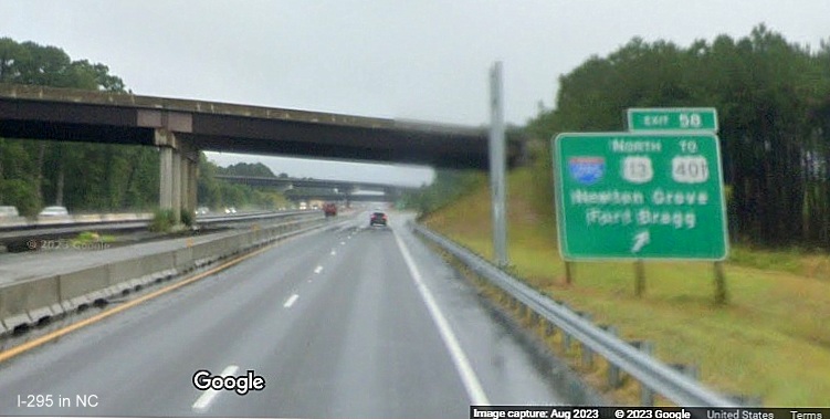 Image of old ramp sign for I-295 South/US 13 North exit on I-95 North in Parkton, Google 
        Maps Street View, August 2023