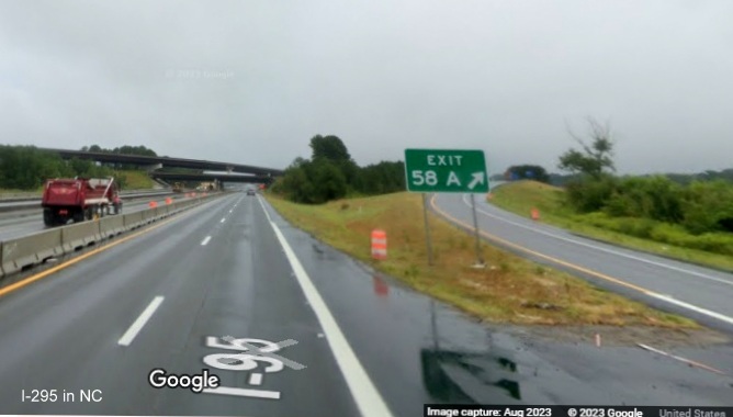Image of new gore sign for I-295 South/US 13 North exit on I-95 North in Parkton, Google 
        Maps Street View, August 2023