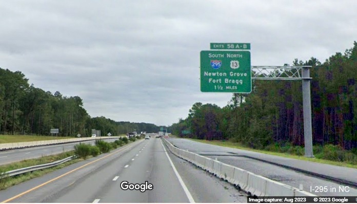 Image of new 1 1/2 Miles advance overhead sign for I-295 South/US 13 North exits on I-95 North in Parkton, Google 
        Maps Street View, August 2023