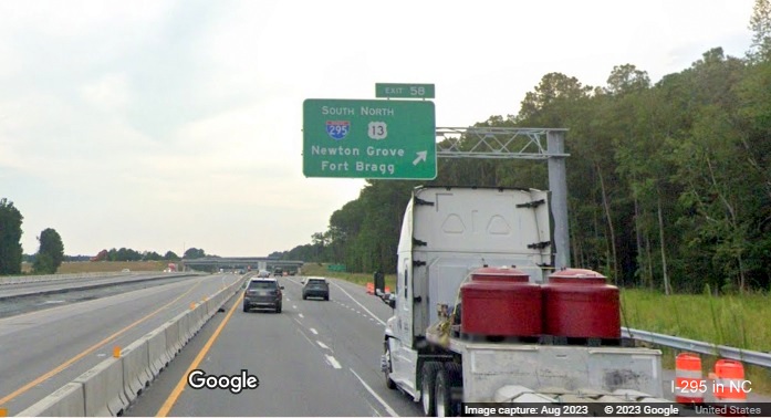 Image of overhead ramp sign for I-295 South/US 13 North exit on I-95 South in Parkton, Google 
        Maps Street View, August 2023