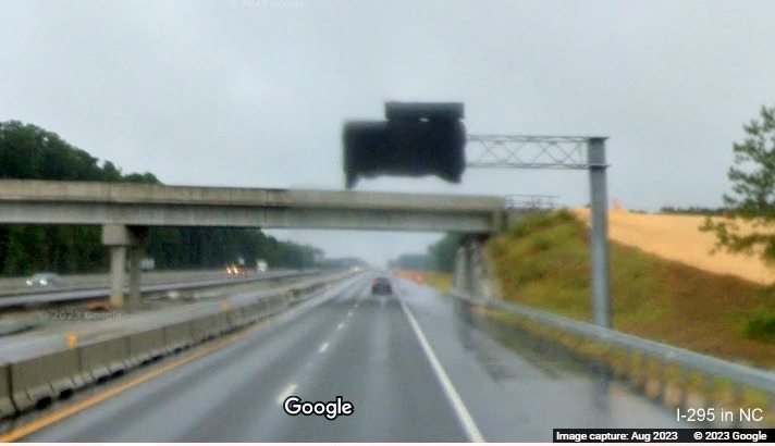 Image of covered over overhead ramp sign for future I-295 South exit on I-95 North in Parkton, Google 
        Maps Street View, August 2023