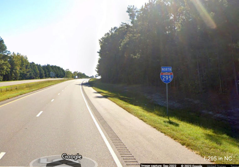 Image of North I-295 reassurance marker after US 401 Lillington interchange, Google Maps Street View, 
        September 2022