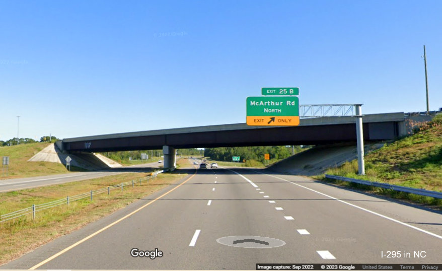 Image of overhead ramp sign for McArthur Road North exit on I-295 South, Fayetteville Outer Loop, Google Maps Street View, 
        September 2022