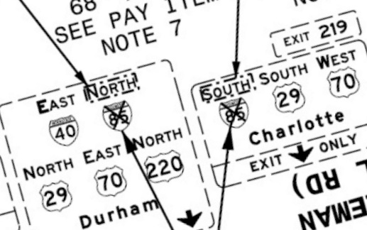 Image of NCDOT sign plan showing removal of Business 85 shields from overhead signs on I-40 in Greensboro
