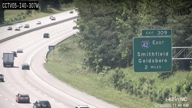 NCDOT traffic camera image of 2 miles advance sign for now I-42 East exit on I-40 East
in Garner, May 19, 2025