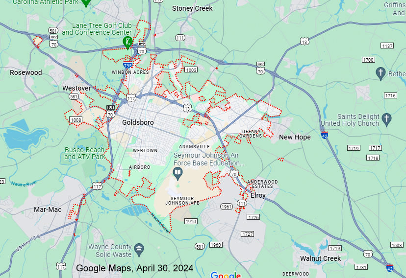 Image of Google Map of Goldsboro Bypass with I-42 shields, April 2024