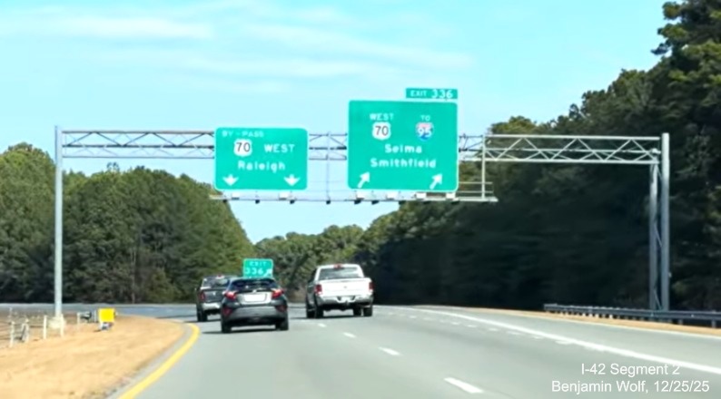 Image of overhead signage for US 70 West exit at start of Bypass US 70 (Future I-42
	West) in Selma,	screen grab from Benjamin Wolf video, December 2025