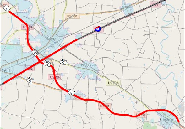 Image of map of NCDOT feasibility study for upgrade of US 70 to I-42 between Neuse River bridge in Johnston County and Goldsboro Bypass in Wayne County, by Super 70 Commission