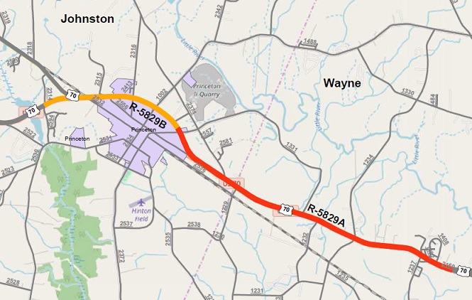 Image of map of US70 upgrade project in Johnston County by Super 70 Commission