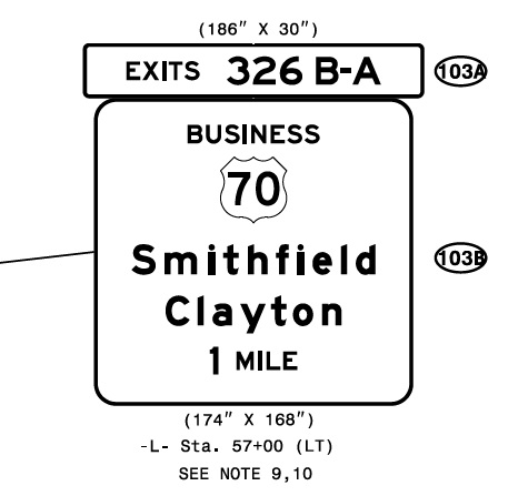 NCDOT plan for Business US 70 1 Mile advance exit sign on US 70 West in Johnston County, January 2021