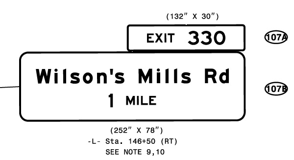 NCDOT plan for Wilson's Mills Road 1 mile exit sign, January 2021