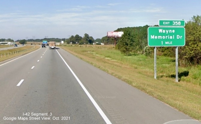 Image of 1 mile advance sign for Wayne Memorial Drive exit on US 70 Bypass West around Goldsboro, Google Maps Street View image, October 2021
