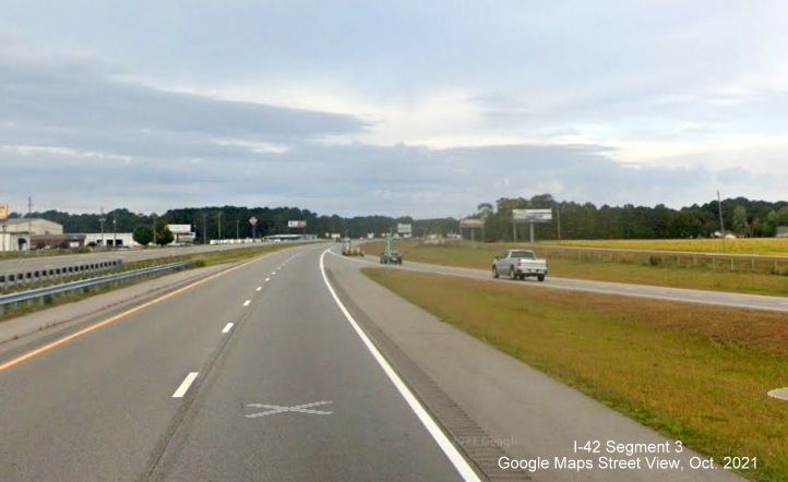 Image of merge with US 70 West at end of US 70 Bypass West around Goldsboro, Google Maps Street View image, October 2021