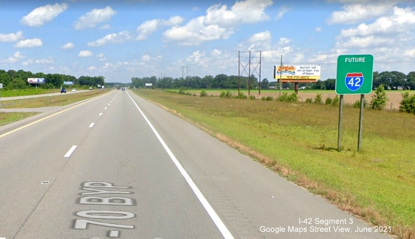 Image of a Future I-42 sign at the start of US 70 Bypass West around Goldsboro, Google Maps Street View image, June 2021