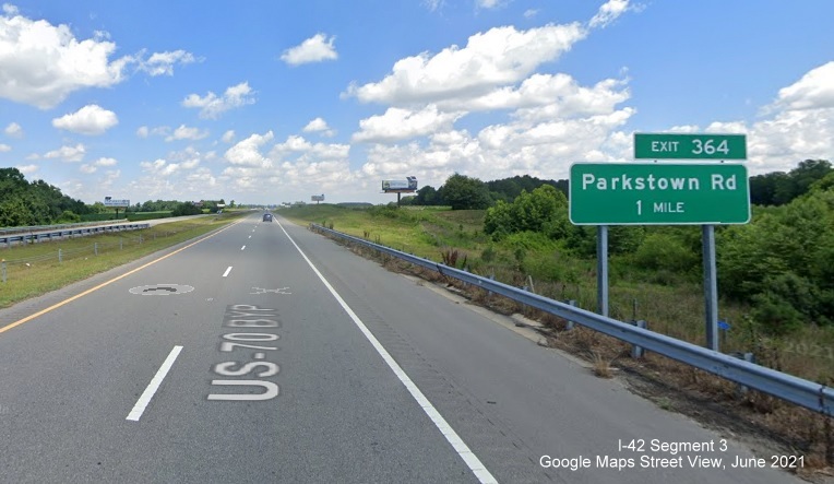 Image of the 1 mile advance sign for the   exit on US 70 Bypass West around Goldsboro, Google Maps Street View image, June 2021