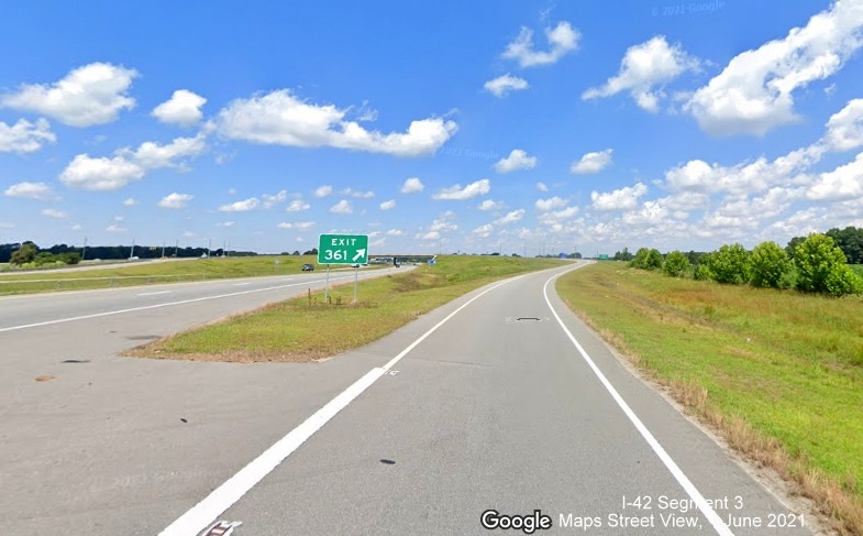 Image of gore sign for US 13 exit on US 70 Bypass West around Goldsboro, Google Maps Street View image, June 2021