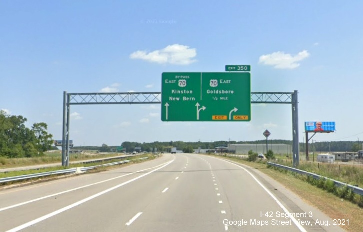 Image of 1/2 mile advance sign for US 70 East exit at start of US 70 Bypass East around Goldsboro, Google Maps Street View image, August 2021