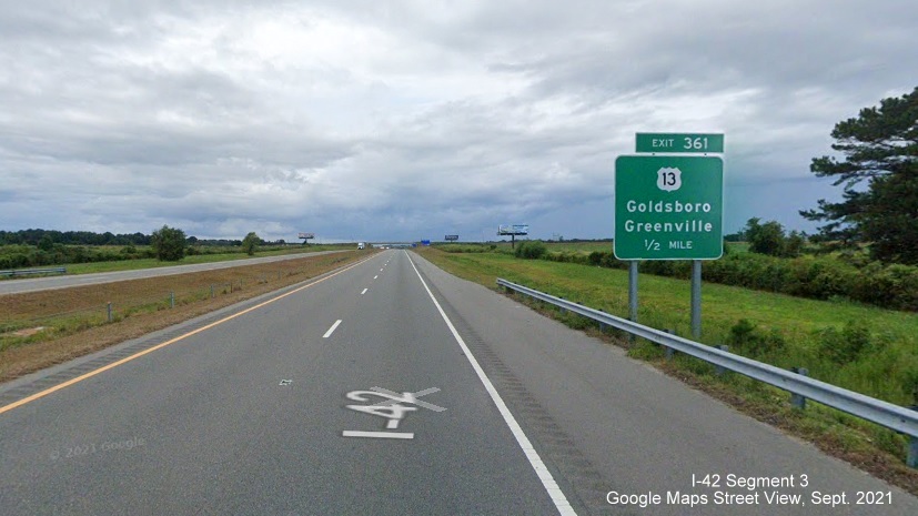 Image of 1/2 mile advance sign for US 13 exit on US 70 Bypass West around Goldsboro, Google Maps Street View image, September 2021