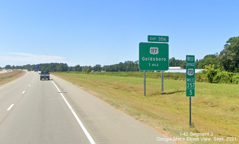 Image of 1 mile advance sign for US 117 exit on US 70 Bypass West around Goldsboro, Google Maps Street View image, September 2021