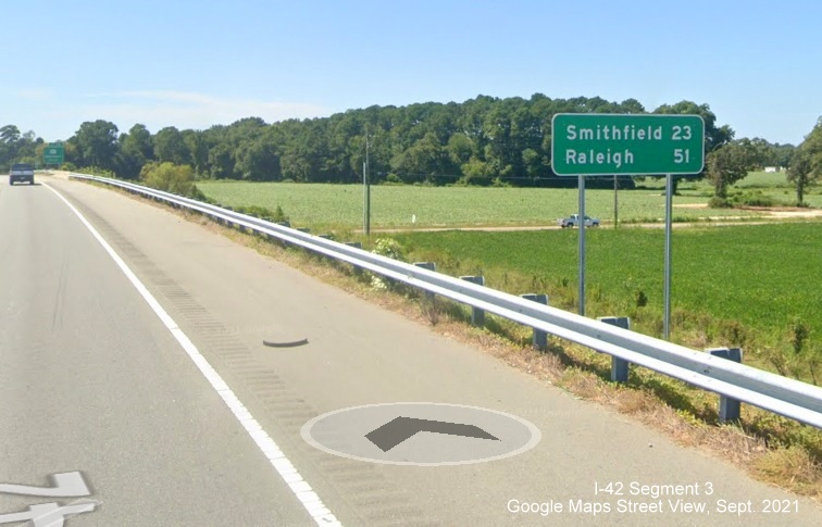 Image of post-interchange distance sign prior to US 117 exit on US 70 Bypass West around Goldsboro, Google Maps Street View image, September 2021