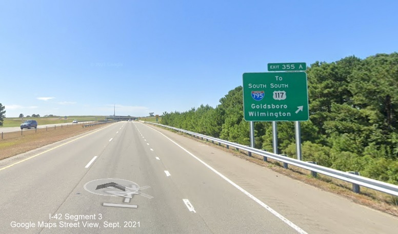 Image of ground mounted ramp sign for I-795 South exit on US 70 Bypass West around Goldsboro, Google Maps Street View image, September 2021