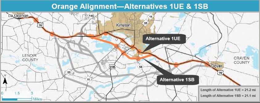NCDOT diagram of chosen alternative route for US 70 Kinson Bypass in Feb. 2020