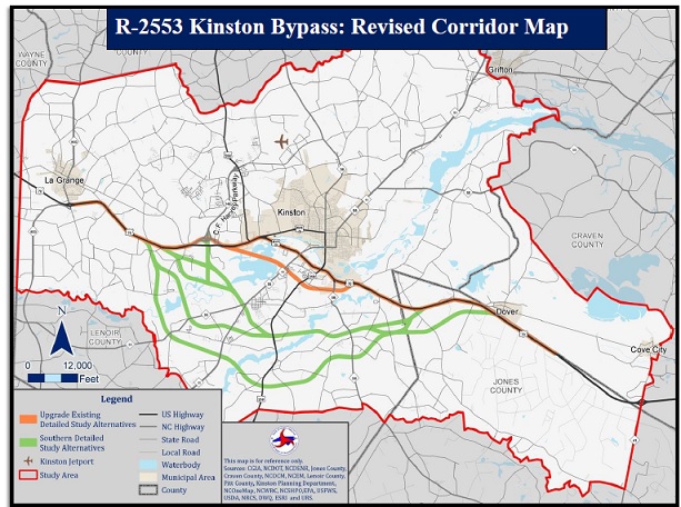 Image of NCDOT map of potential US 70/I-42 Kinston Bypass routes