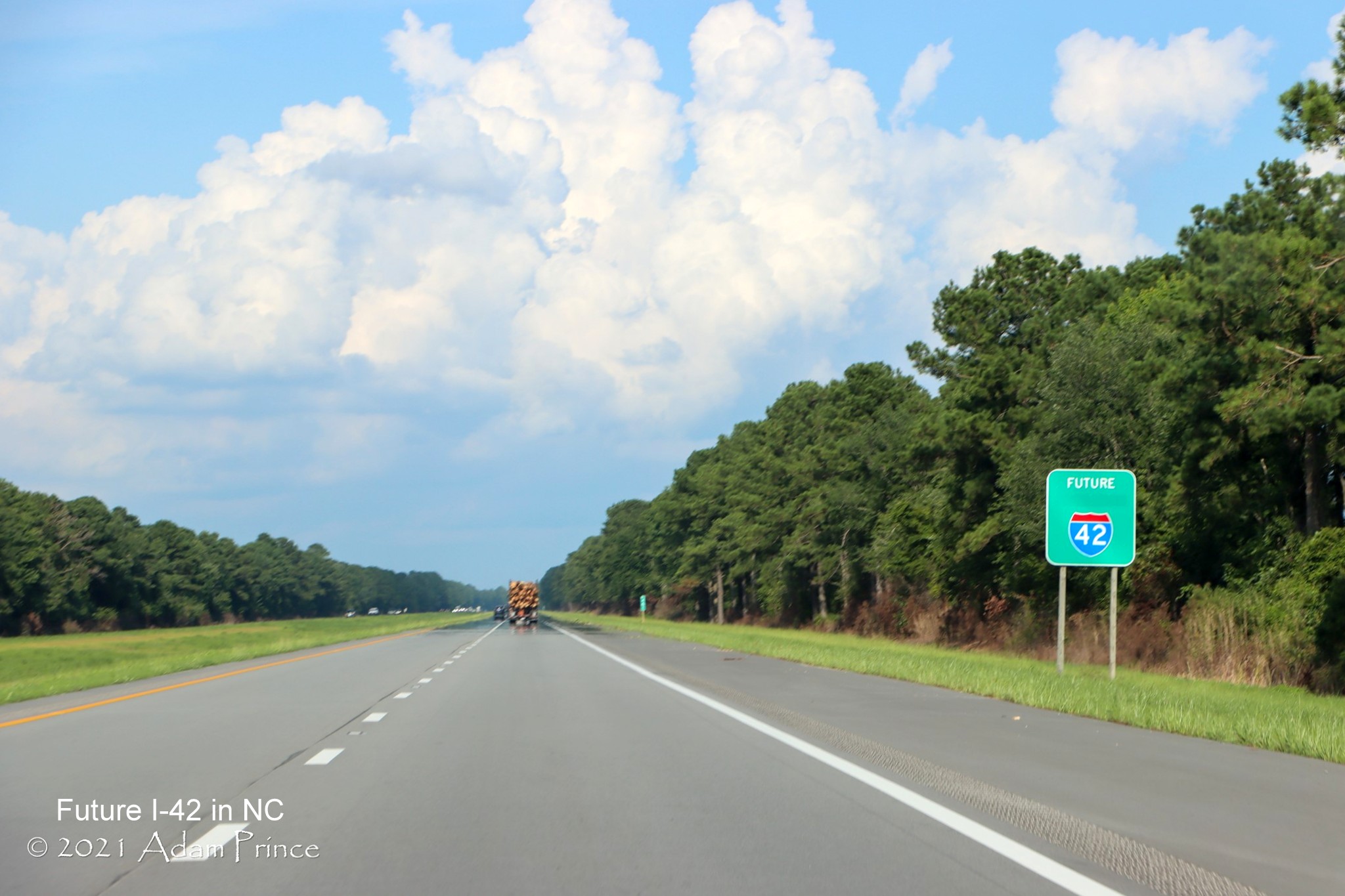 Image of Future I-42 sign along newly widened right shoulder of US 70 in Craven County, photo by Adam Prince, July 2021