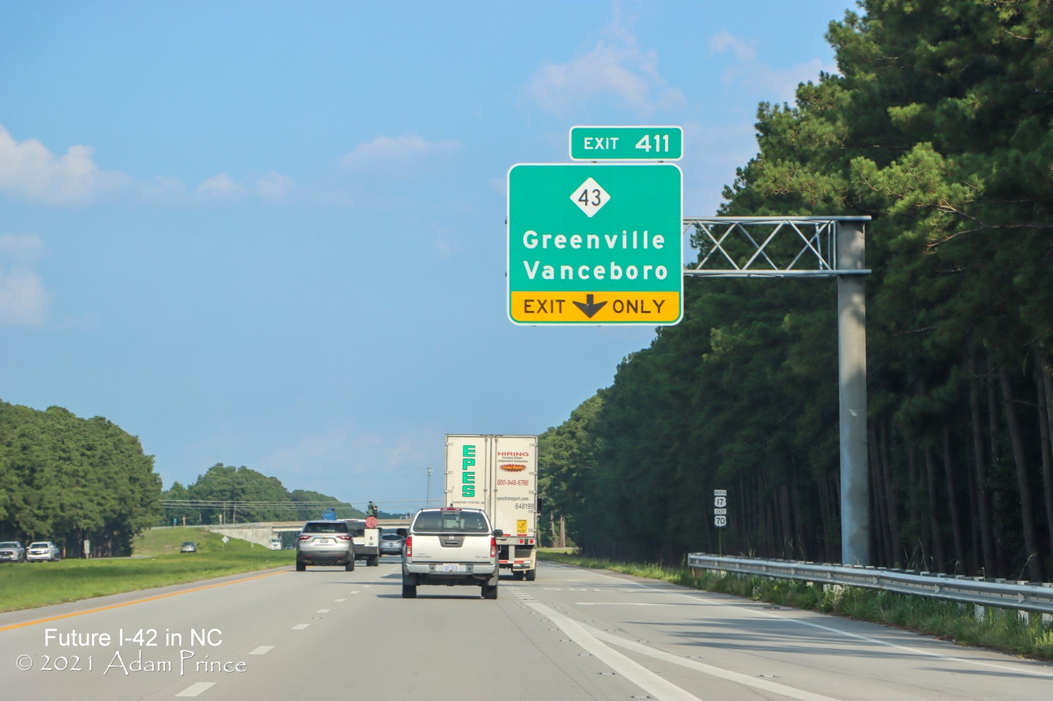 Image of NC 43 exit sign with exit number along newly widened right shoulder of US 70 (Future I-42) East in Craven County, photo by Adam Prince, July 2021