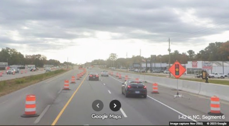 Image of traffic shifting to new lanes along US 70 East in James City near Airport 
		Road, Google Maps Street View, November 2025