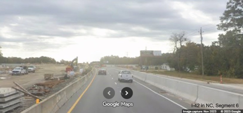Image of bridge construction along US 70 East in James City near Grantham Road, 
		Google Maps Street View, November 2025