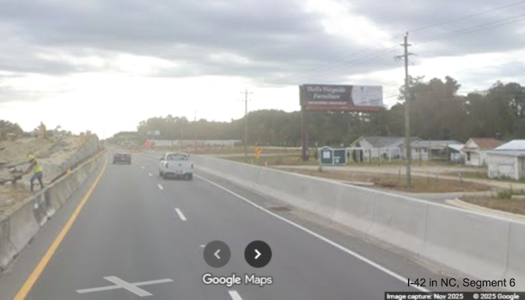 Image of bridge construction along US 70 East in James City near future Grantham 
		Road interchange, Google Maps Street View, November 2025