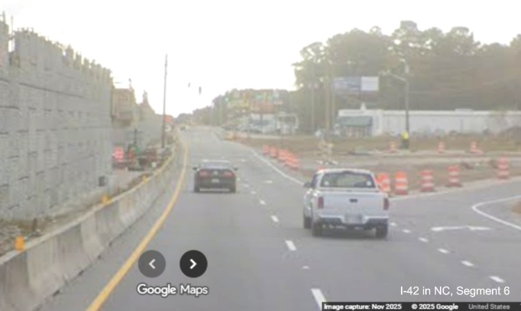 Image of traffic along US 70 East approaching future interchange ramp for
		Grantham Road in James City, Google Maps Street View, November 2025