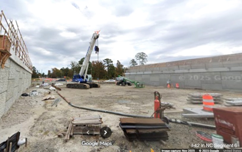 Image of bridge construction from US 70 East in James City at Grantham Road, 
		Google Maps Street View, November 2025