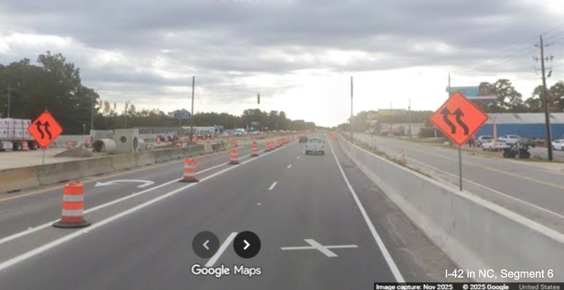 Image of road construction on US 70 East in James City approaching Taberna Way, 
		Google Maps Street View, November 2025