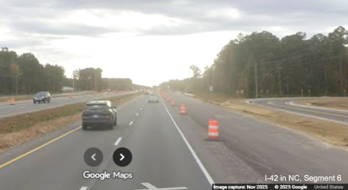 Image of road construction on US 70 East in James City approaching Thurman Road, 
		Google Maps Street View, November 2025