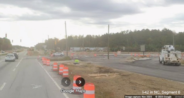 Image of road construction on US 70 East in James City approaching Taberna Way, 
		Google Maps Street View, November 2025
