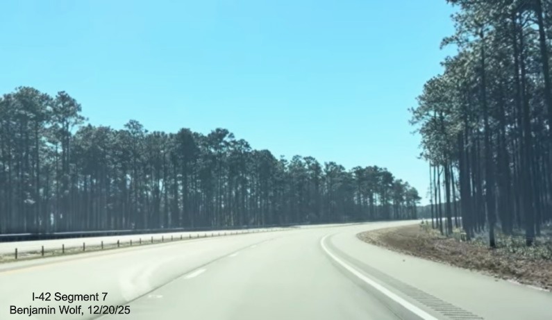 Image of pine tree scenery along both sides of the US 70 (Future I-42) East Havelock 
	Bypass, Screen grab from Benjamin Wolf video, December 2025