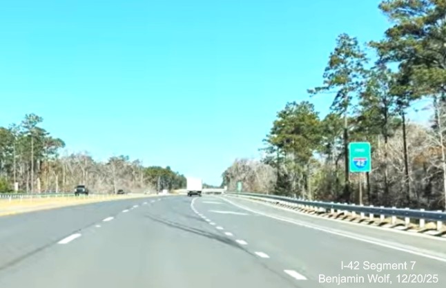 Image of second Future I-42 sign after the Lake Road exit on US 70 (Future I-42) 
	West Havelock Bypass, Screen grab from Benjamin Wolf video, December 2025
