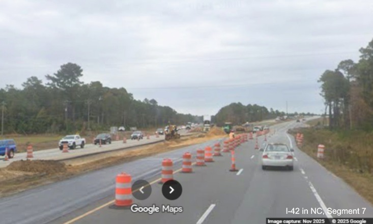 Image of road construction along US 70 East approaching the eastern end of 
	future Havelock Bypass,	Google Maps Street View, November 2025
