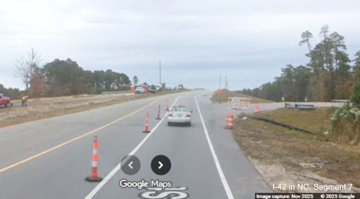 Image of lane restrictions along US 70 East at the future ramp to Havelock Bypass
	heading west, Google Maps Street View, November 2025