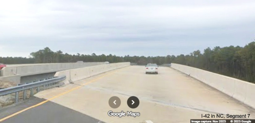 Image of US 70 East crossing the bridge over the future Havelock Bypass, Google Maps 
	Street View, November 2025
