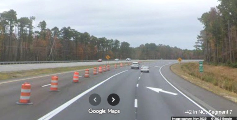 Image of US 70 East lanes merging the future end of the I-42 Havelock Bypass, 
	Google Maps Street View, November 2025