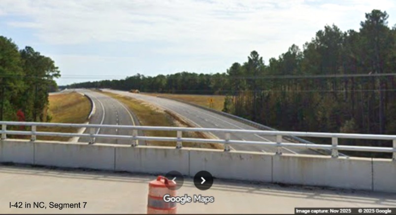 Image of future I-42 Havelock Bypass looking south from completed Lake Road bridge,
	Google Maps Street View, November 2025