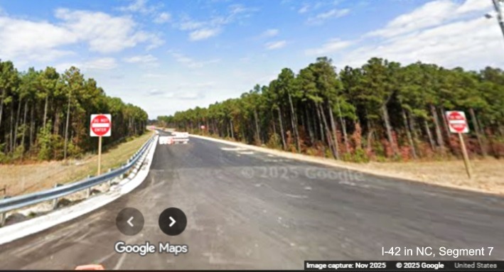 Image of future off-ramp from the I-42 Havelock Bypass East intersection with Lake Road
	with Do Not Enter signs in olace, Google Maps Street View, November 2025