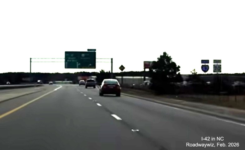 Screen grab image of new East I-42/East US 70 ressurance marker at the start of the 
	  Goldsboro Bypass, Roadwaywiz Feburary 2026