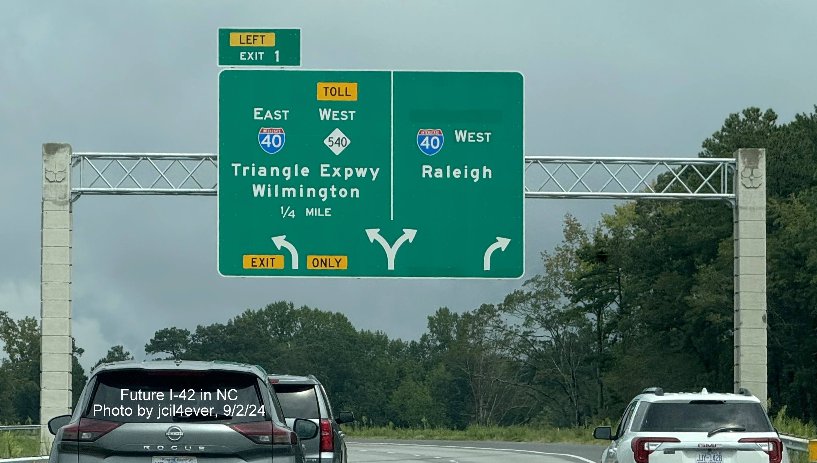 Imaeg of new exit number and sign at end of Clayton Bypass at I-40/NC 540 turbine ramp, photo by jcil4ever, September 2024