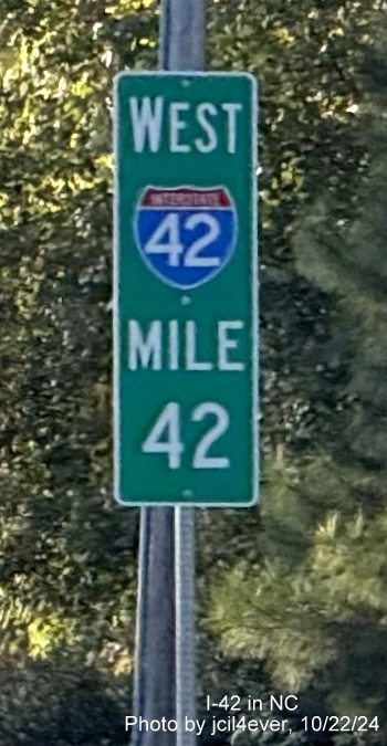 Image of I-42 mile marker 42 on the Goldsboro Bypass, by jcil4ever, October 2024