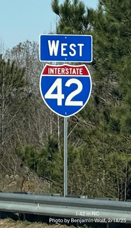 Image of newly placed I-42 West reassurance marker after US 70 exit on Clayton
	  Bypass, by Benjamin Wolf, February 2025