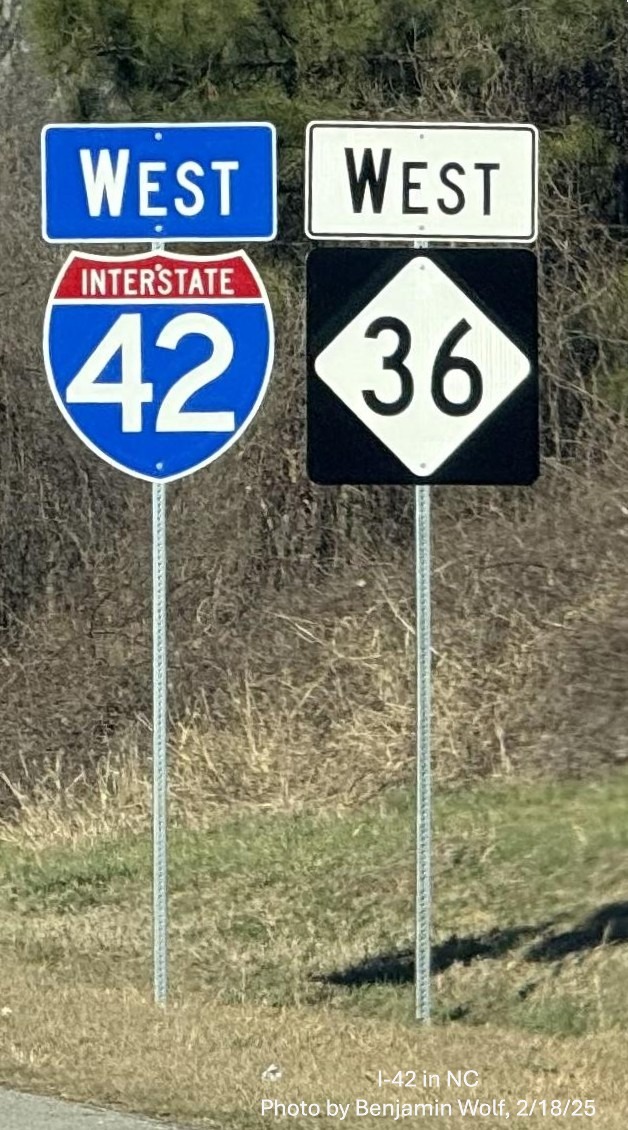 Image of new West I-42/NC 36 reassurance marker after the current Ranch Road exit on
	  the Clayton Bypass, by Benjamin Wolf, February 2025